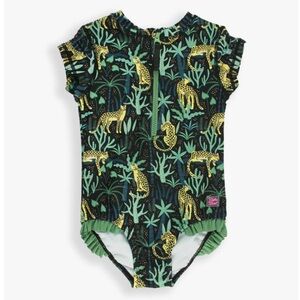 Ruffle Butts Rash Guard Short Sleeve One Piece Zip Up ‘On Safari’ Swimsuit 4T